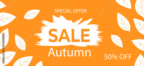 Autumn sale offers 50 percent off on select items for a limited time in a vibrant design on a orange background