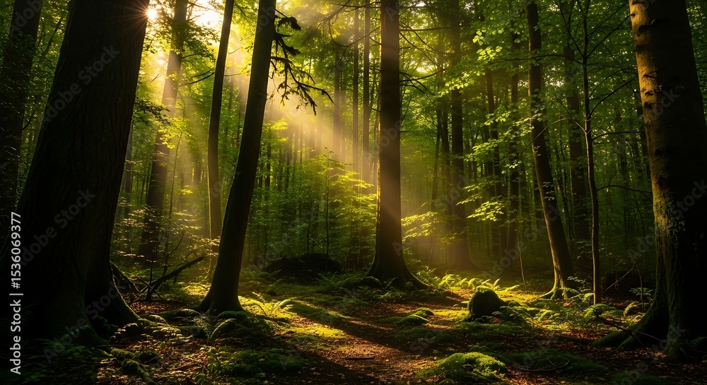 Obraz premium Enchanting Forest Scene Sunbeams Streaming Through Verdant Trees An Atmospheric Nature Photograph