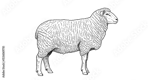 Detailed Black and White Illustration of a Sheep in Profile - Line Art Vector