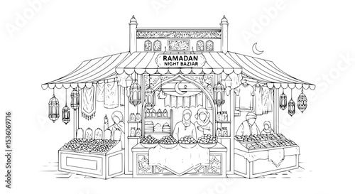 Detailed Line Art of a Ramadan Night Bazaar Stall with Vendors and Goods - Line Art Vector