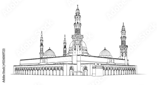 Detailed Line Drawing of a Grand Mosque with Tall Minarets and Domes - Line Art Vector