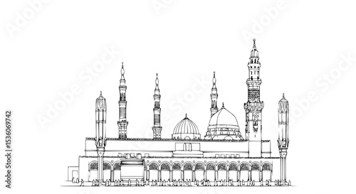 Detailed Line Drawing of the Prophets Mosque in Medina - Line Art Vector