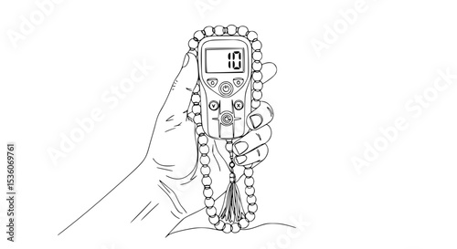 Hand Holding Digital Tasbih with Display Showing Ten - Line Art Vector