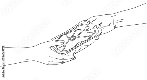 HandDrawn Illustration of Hands Exchanging VacuumSealed Meat - Line Art Vector