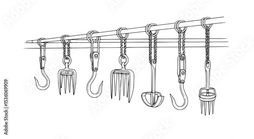 Vintage Meat Handling Tools Hanging in a Row - Line Art Vector