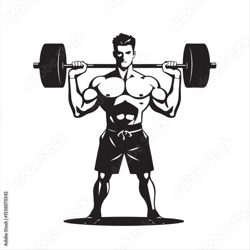 Two-dimensional silhouette of a weightlifter in black and white, rendered in a modern flat design vector style, a classic and elegant image set against a white background.