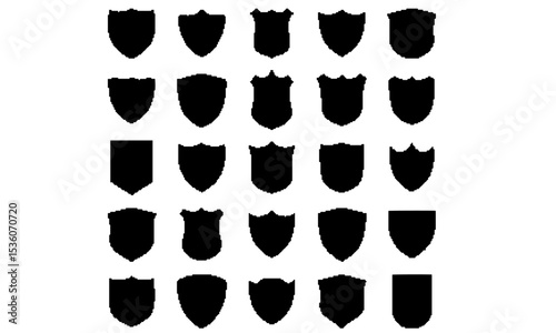 A versatile collection of 25 solid black shield silhouettes in various shapes and styles. Ideal for use in logo design, gaming icons, security graphics, and medieval or fantasy-themed visuals.