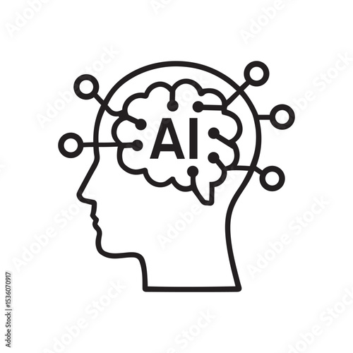 Artificial Intelligence AI icon with human head. Machine learning and neural network technology concept. Vector line art