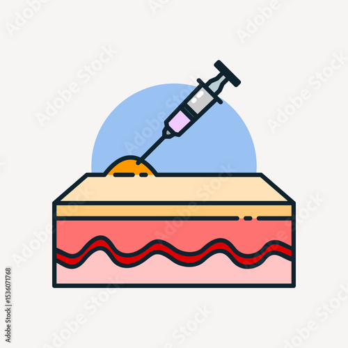 Medical injection icon showing a syringe injecting into the skin, illustrating treatment, vaccination, or dermatological procedures.