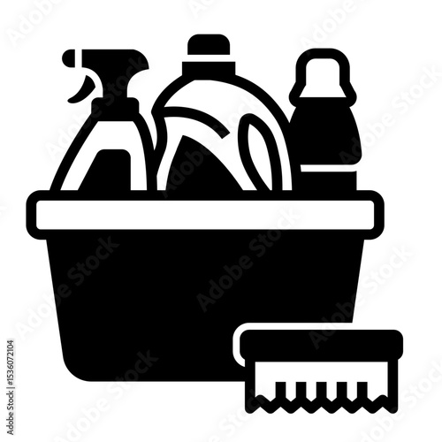Cleaning supplies glyph icon. Detergent for sanitation. Disinfectant in bottle. Bucket for washing. Vector isolated illustration.