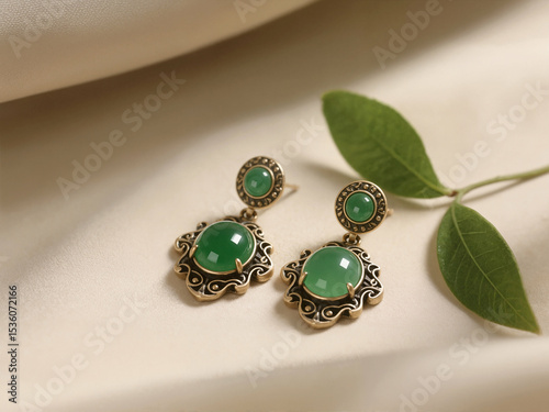 A pair of antique-style gold earrings with vibrant green jade gemstones in a floral design rests on a soft, light-colored fabric with a green leaf accent.