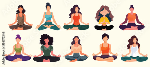 ten girls Vector illustration in flat style. Young happy woman doing yoga, meditating in lotus pose on flower background