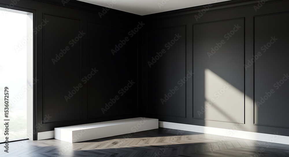 Fototapeta premium Corner of the Sunlit Interior with Black Walls, a White Ceiling and Cornice, Glossy Herringbone Parquet Floor, and a White Plint