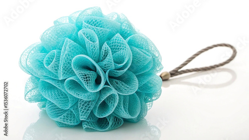 Textured turquoise bath loofah with a rope handle isolated on a white glossy background studio shot representing spa bathroom hygiene and beauty