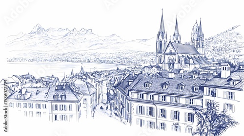 Detailed sketch of a european city with mountains and a lake.