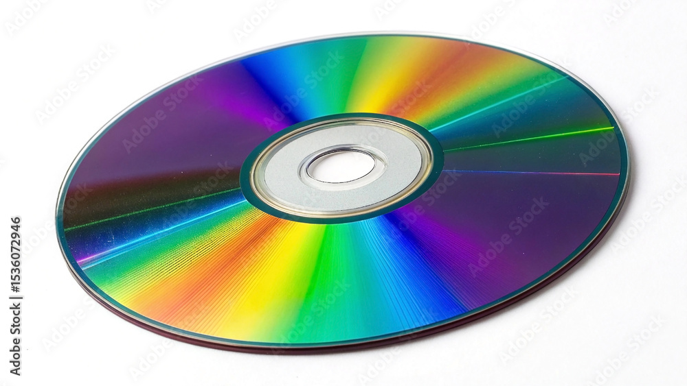 Close up of a cd or dvd disk reflecting rainbow colors against a plain white background, showcasing optical disc technology. Close up of a cd or dvd disk reflecting rainbow colors against a plain white background, showcasing optical disc technology.
