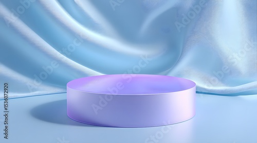 Purple Cylinder on Light Blue Surface with Draped Fabric Background