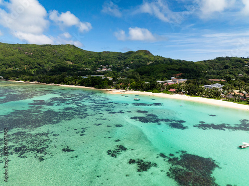Fototapeta Naklejka Na Ścianę i Meble -  Tropical beach with palm trees. Seychelles, Mahe Island.