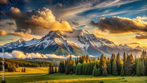 Majestic Mountain Range at Sunset, Bathed in Golden Light, with a Lush Green Forest in the Foreground