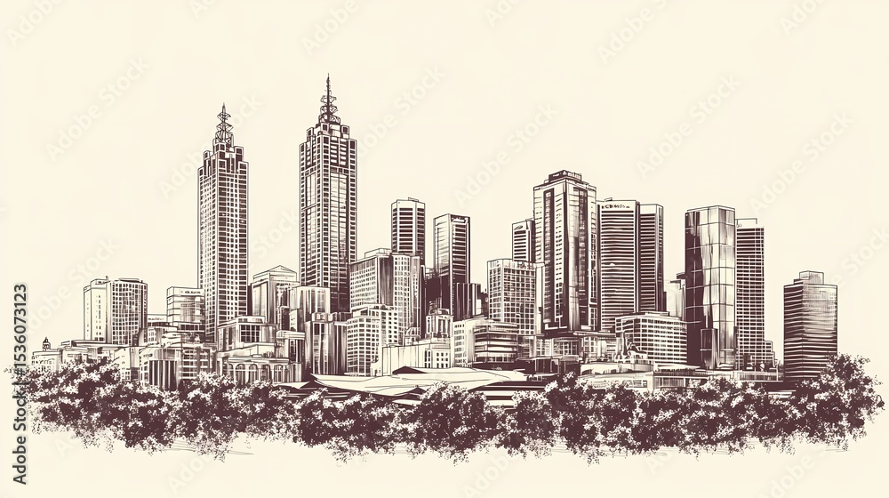 Fototapeta premium Hand-drawn cityscape of modern skyscrapers.