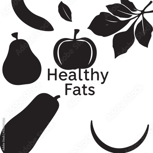 A modern flat design vector silhouette of healthy fats, rendered in classic black and white.  The image utilizes simple, two-dimensional shapes for a timeless and elegant feel against a white back