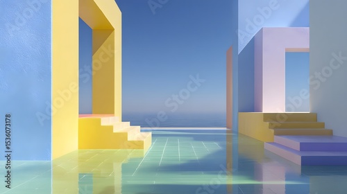 Abstract Architectural Scene with Colored Doorways and Reflective Pool