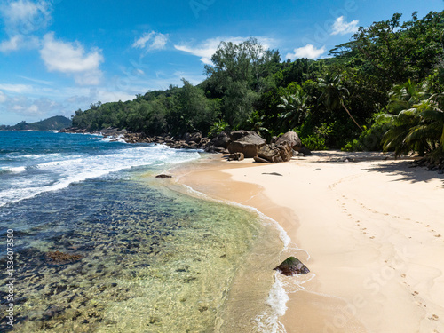 Beautiful beach in the tropics. Seychelles, Mahe. Anse Takamaka Beach.