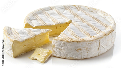 Freshly cut wheel of camembert cheese with slices isolated on a white background ready for culinary applications and food photography