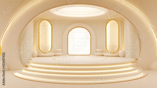 Modern minimalist stage with illuminated arches and circular design