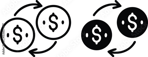 Minimalist Currency Exchange Icon – Line Art Dollar Coins with Circular Arrows in Flat Black and White