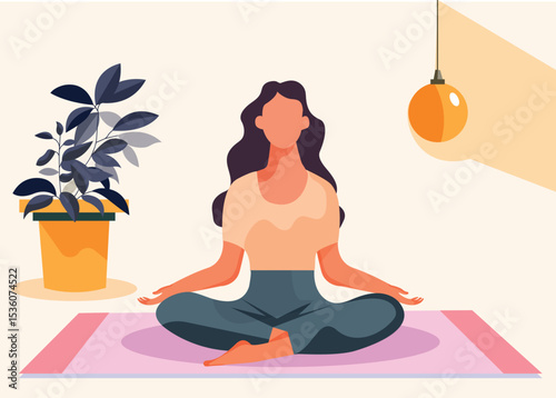 Vector illustration in flat style. Young happy woman doing yoga, meditating in lotus pose on flower background