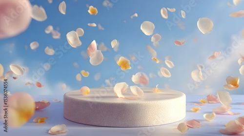 A white pedestal surrounded by floating flower petals against a soft blue sky background