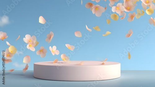Circular Podium with Falling Petals Against a Pastel Blue Sky