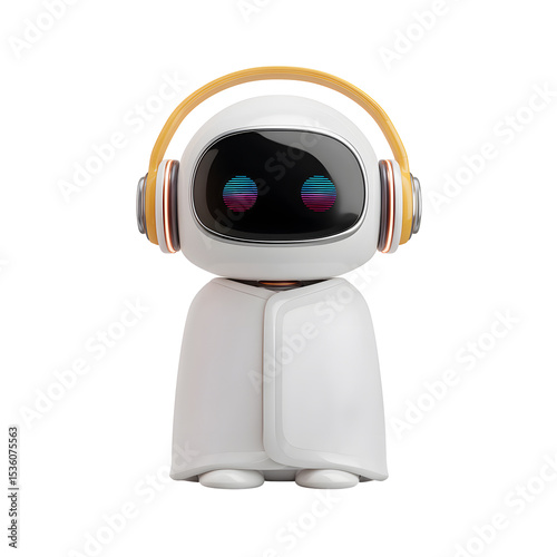 Futuristic robot listening music with retro headphones