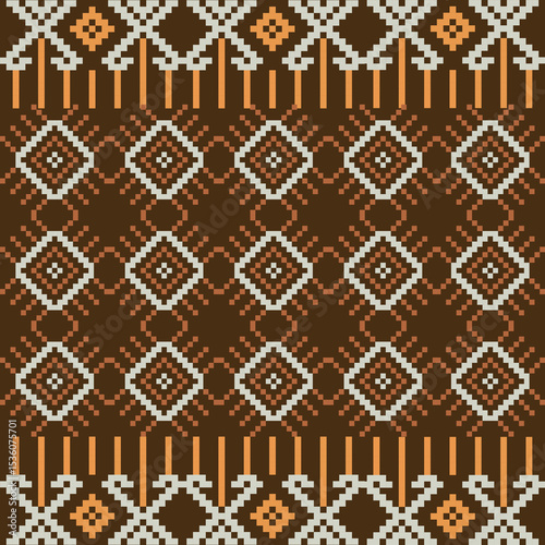 Traditional Ukrainian cross-stitch Detailed vector Illustration for textile printing design, on pixels brown tones
