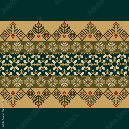 Traditional Ukrainian cross-stitch Detailed vector Illustration for textile printing design, on pixels pastel tones