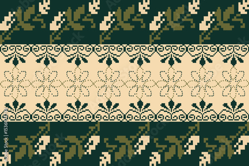 Traditional Ukrainian cross-stitch Detailed vector Illustration for textile printing design, on pixels pastel tones