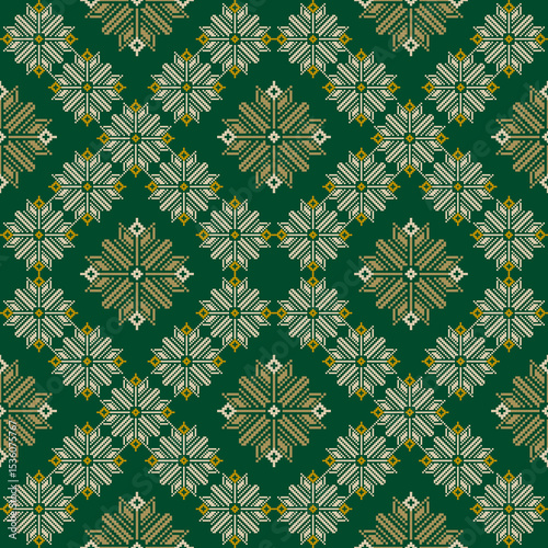 Traditional Ukrainian cross-stitch Detailed vector Illustration for textile printing design, on pixels pastel tones