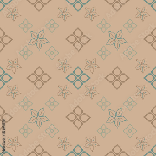 Traditional Ukrainian cross-stitch Detailed vector Illustration for textile printing design, on pixels pastel tones
