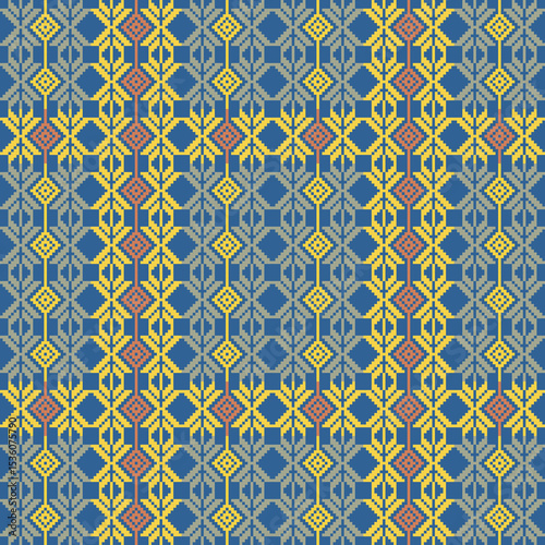 Traditional Ukrainian cross-stitch Detailed vector Illustration for textile printing design, on pixels pastel tones