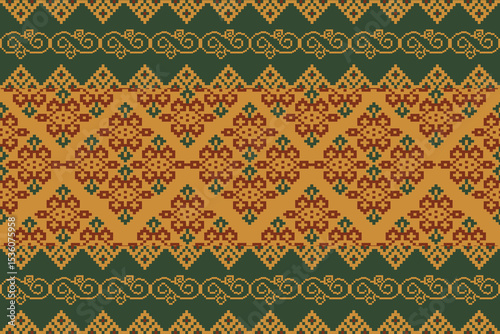 Traditional Ukrainian cross-stitch Detailed vector Illustration for textile printing design, on pixels pastel tones