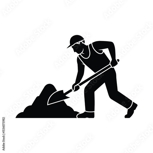 Road Worker Silhouette: Man Digging with Shovel, Construction Labor Icon