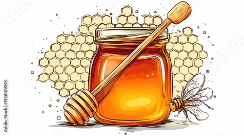 Honey jar with dipper and honeycomb background.