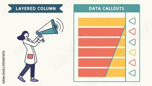 Woman in White Coat Using Megaphone Announcing Layered Column Chart Data Callouts Infographic vector