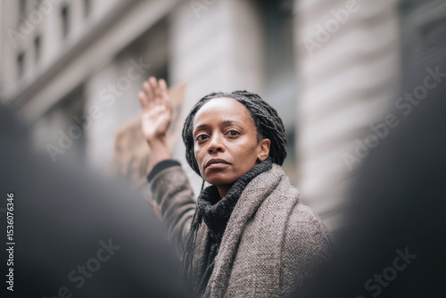 determined woman holding stop raids sign stands in front of police line surrounded by passionate protest crowd
