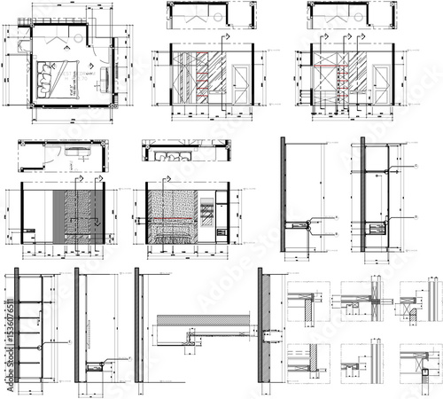 Drawing 2d, interior design of bedroom, layout diagram of bedroom furniture, section detail, vector format
