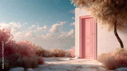 Pink Door on a Serene Coastal Pathway
