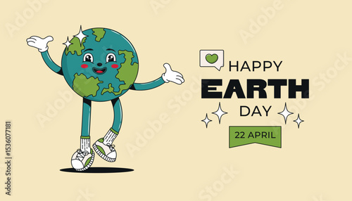 Cheerful funky vector illustration for Earth Day with smiling cartoon groovy retro Earth character in sneakers with the text Happy Earth Day, date April 22 for cards, posters, banners, social media.