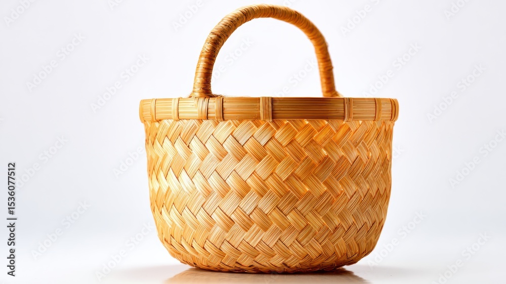 Fototapeta premium Woven basket with a rounded handle, showcasing intricate craftsmanship and natural materials.