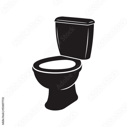 Toilet bowl vector illustration and blank plastic cup isolated on white Simple flat black silhouette icon of a modern commode toilet bowl